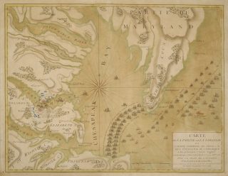 French map of the Siege of Yorktown showing parts of the peninsula and lines of ships in the bay