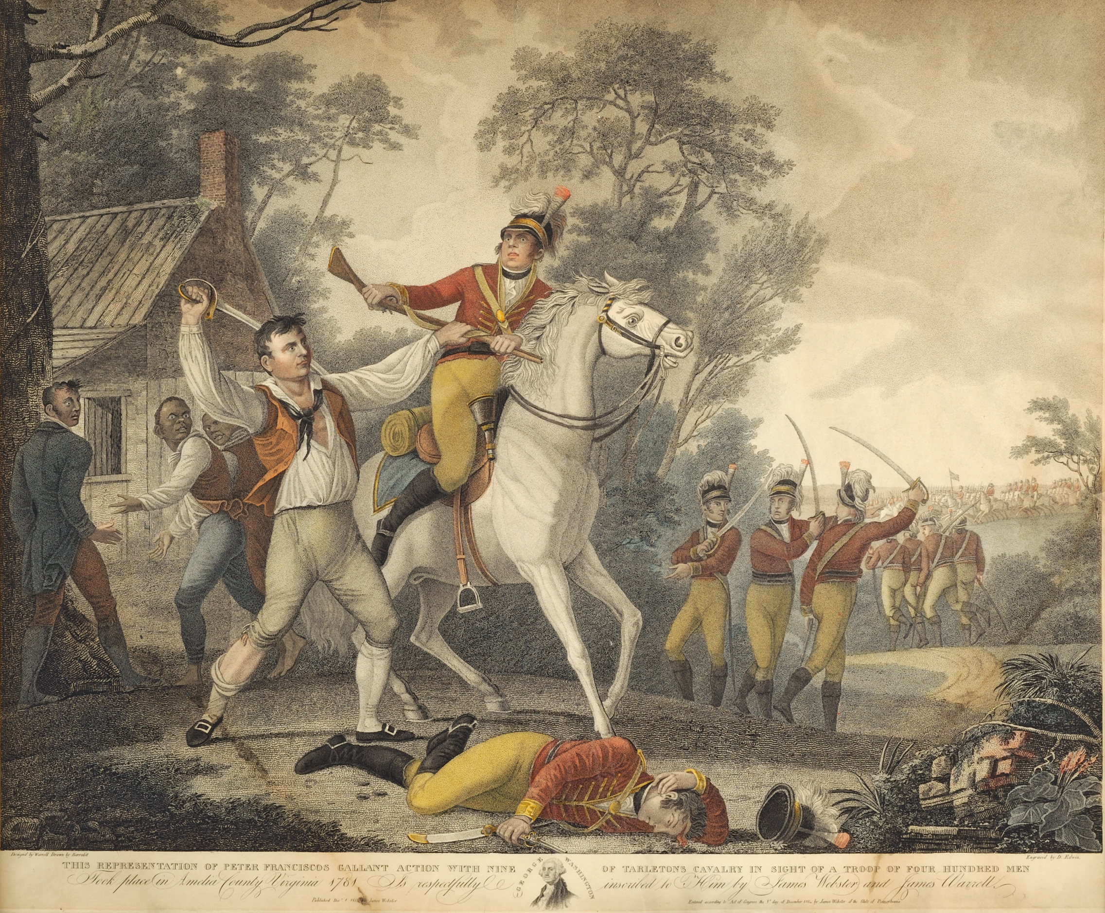 This Representation of Peter Franciscos Gallant Action with Nine of Tarleton’s Cavalry in Sight of a Troop of Four Hundred Men Took place in Amelia County, Virginia 1781, David Edwin, engraver; after John James Barralet, artist, Philadelphia, 1814