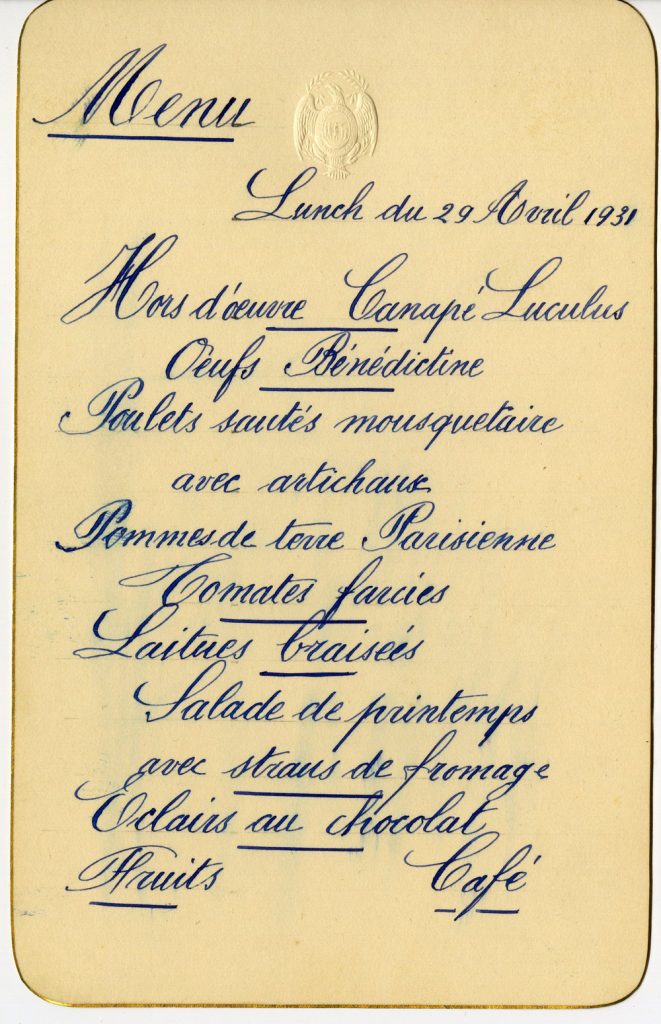 Menu card, April 29, 1931