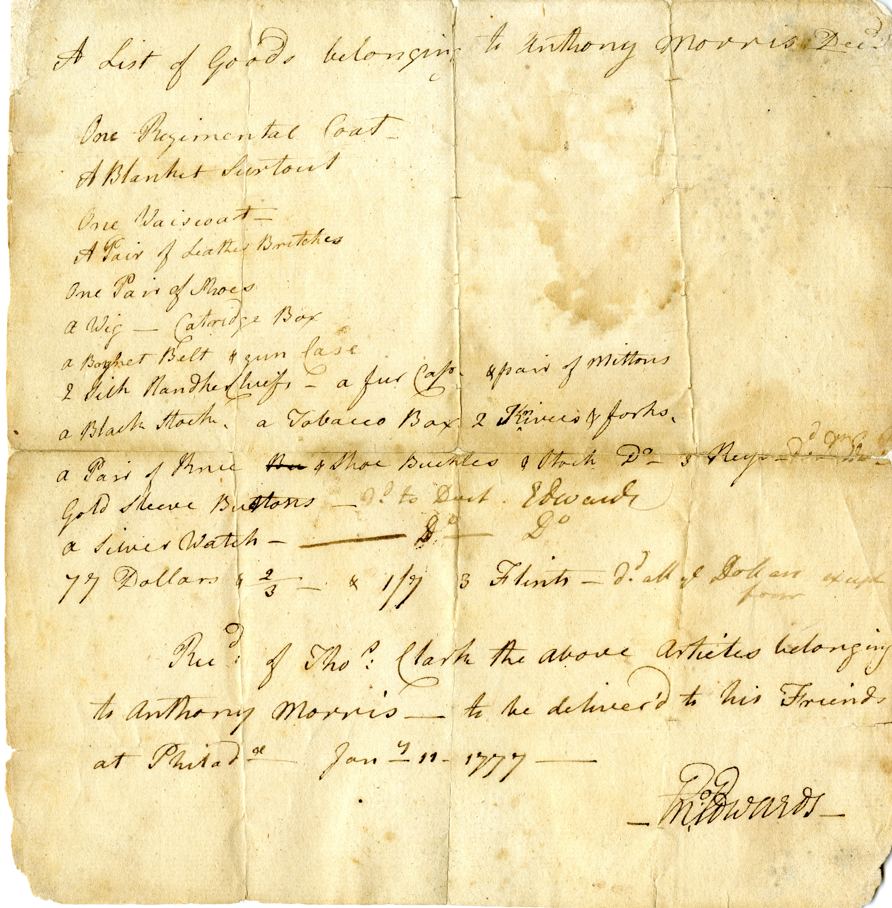 “A List of Goods belonging to Anthony Morris Dec’d,” Enoch Edwards, January 11, 1777