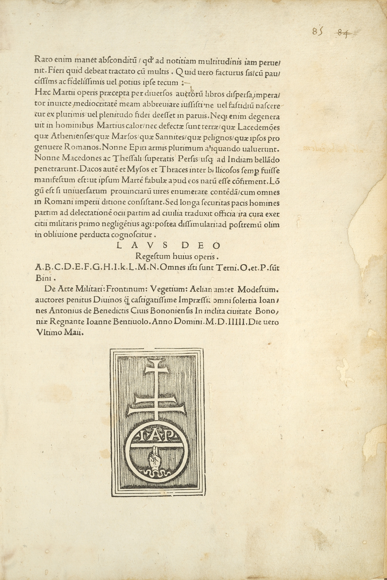 De re Militari, Flavius Vegetius Renatus, Bononiae: Ioannes Antonisu de Benedictis, 1505