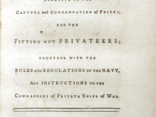 Click for a larger view. Extracts from the Journals of Congress, Relative to the Capture and Condemnation of Prizes, and the Fitting Out Privateers; together with the Rules and Regulations of the Navy, and Instructions to the Commanders of Private Ships of War, Philadelphia: Printed by John Dunlap, 1776