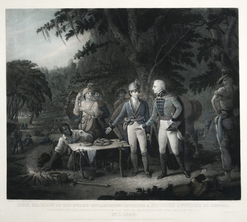 Gen. Marion in His Swamp Encampment Inviting a British Officer to Dinner, John Sartain, engraver; after John Blake White, artist, [New York]: Printed by John Dalton for the Apollo Association for the Promotion of the Fine Arts in the U.S., 1840