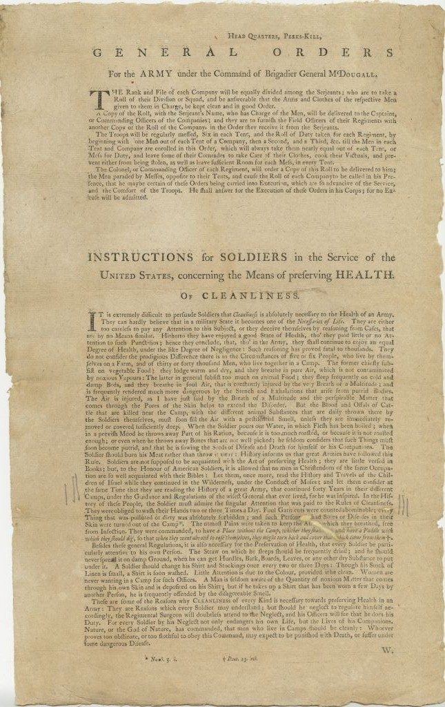 General Orders for the Army under the Command of Brigadier General M’Dougall…. Instructions for Soldiers in the Service of the United States, Concerning the Means of Preserving Health. Of Cleanliness, George Washington, [Fishkill, N.Y.: Samuel Loudon, 1777]