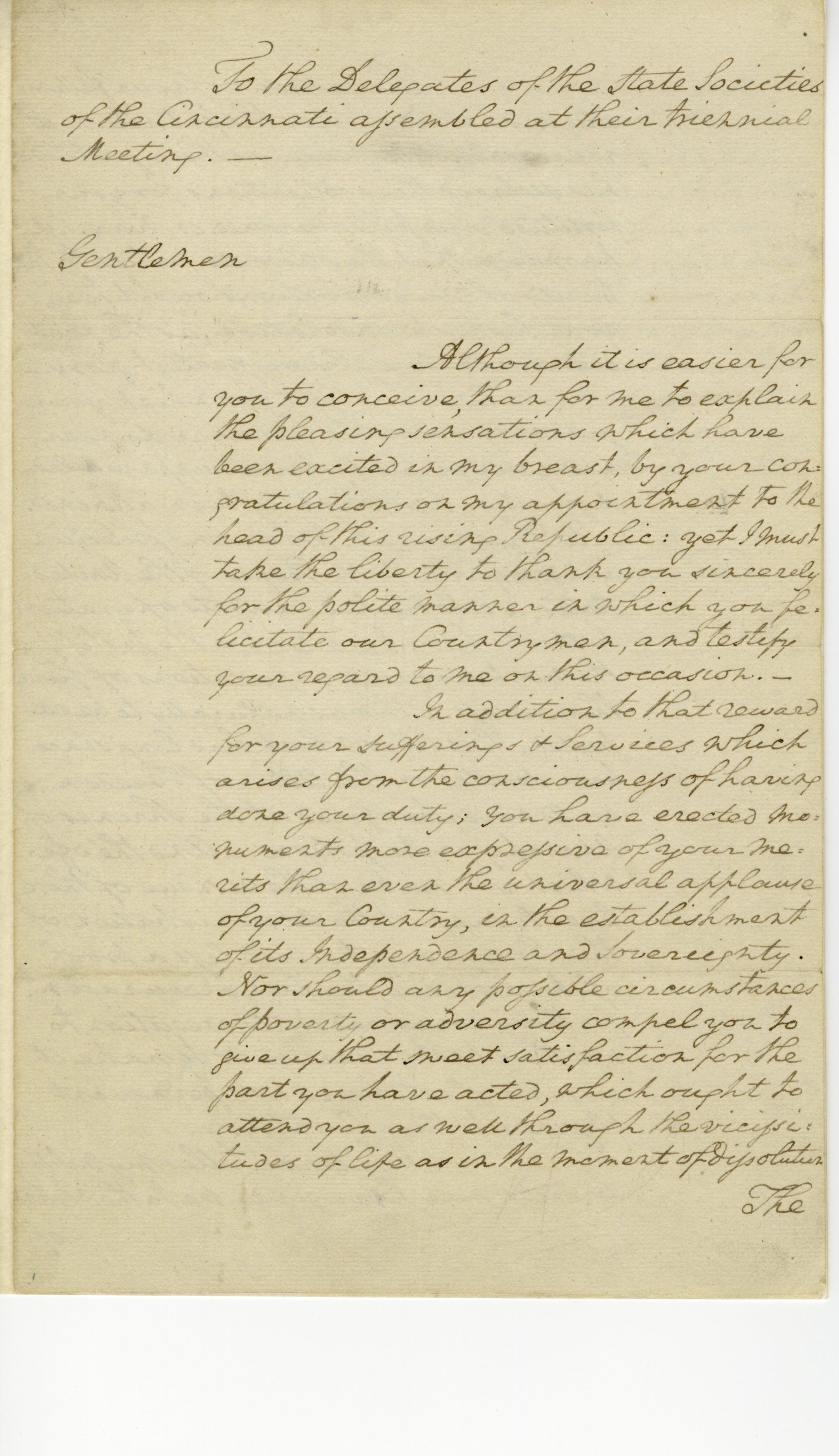 George Washington to the Delegates of the State Societies of the Cincinnati, May 1790