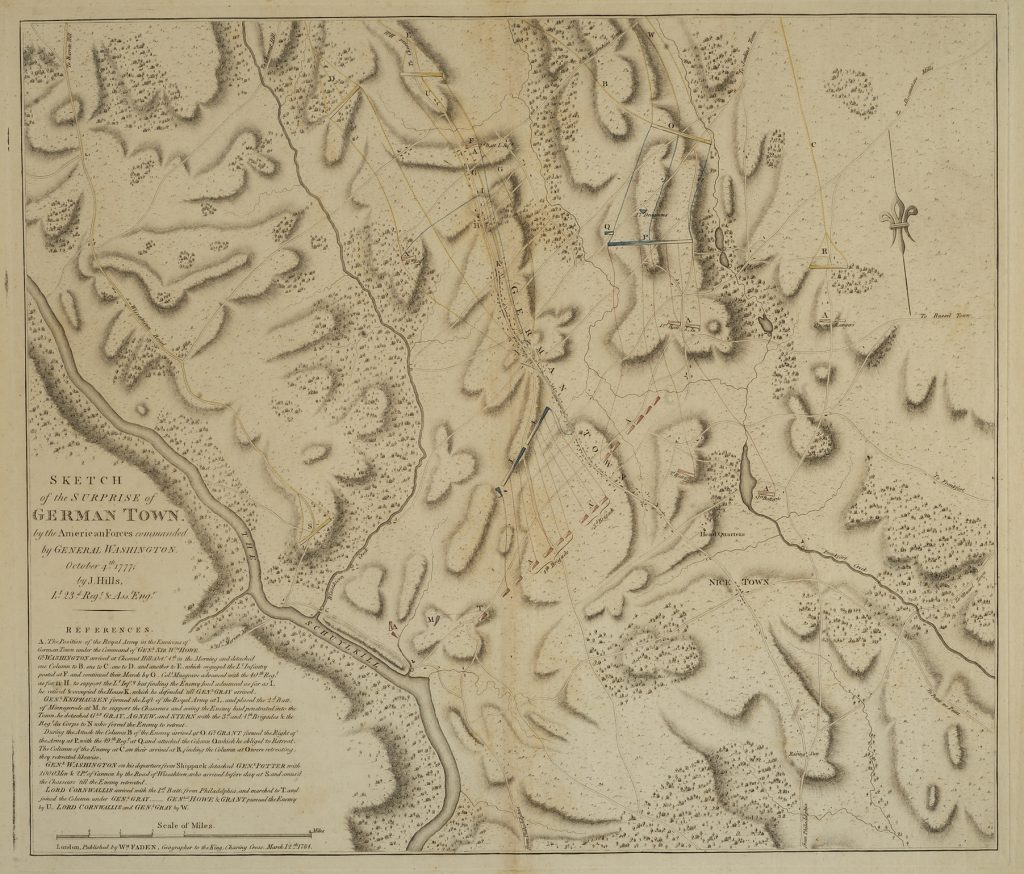 Sketch of the Surprise of German Town, by the American Forces commanded by General Washington, October 4th, 1777, John Hills, London: Published by Wm. Faden, 1784