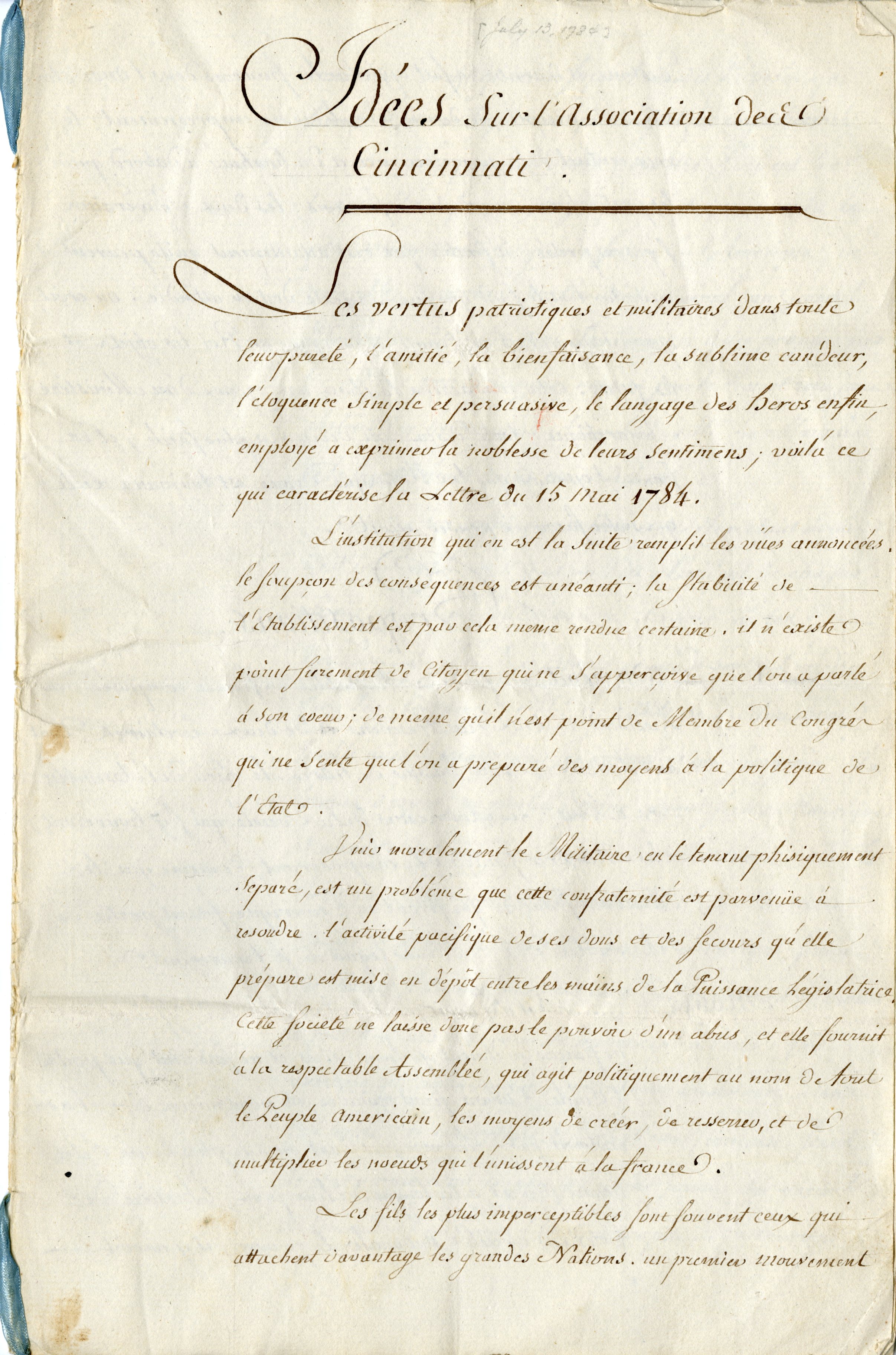 “Idees sur l’Associaton des Cincinnati,” Charles Henri, comte d’Estaing, July 13, 1784