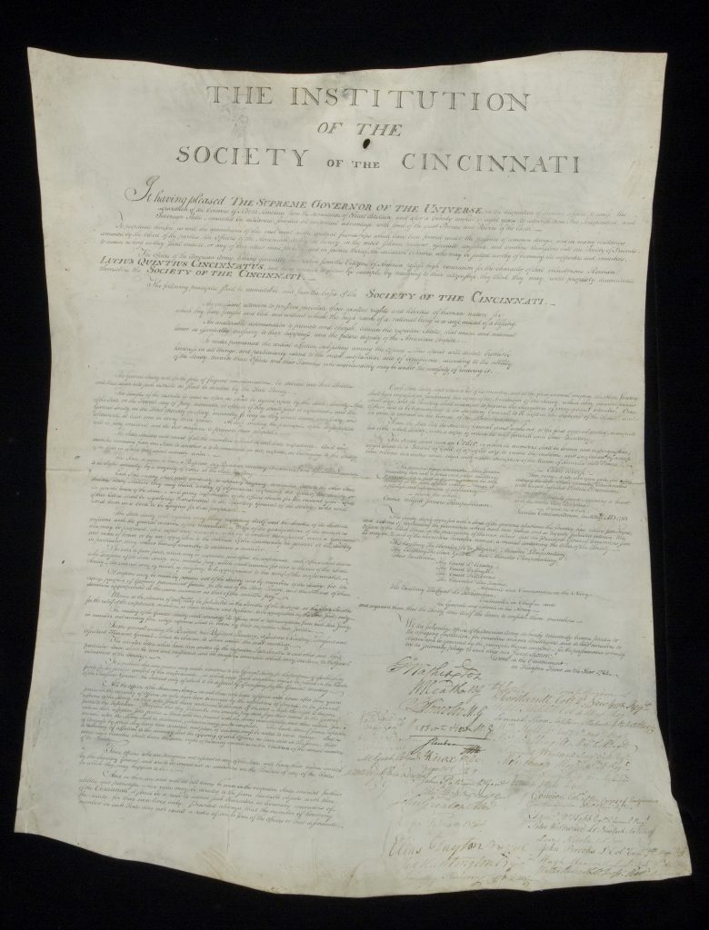 Large, irregularly shaped parchment Society of the Cincinnati Institution, after conservation