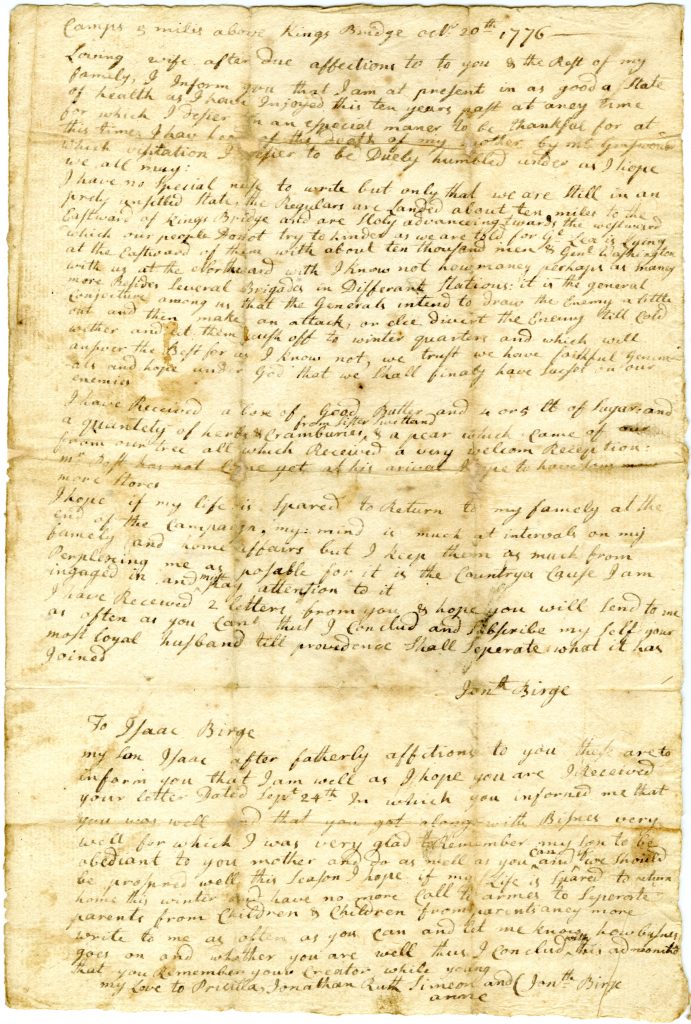 Jonathan Birge to Priscilla Birge, October 20, 1776