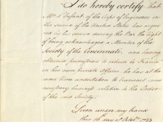 Certification of Pierre-Charles L’Enfant’s membership in the Society of the Cincinnati, George Washington, October 16, 1783