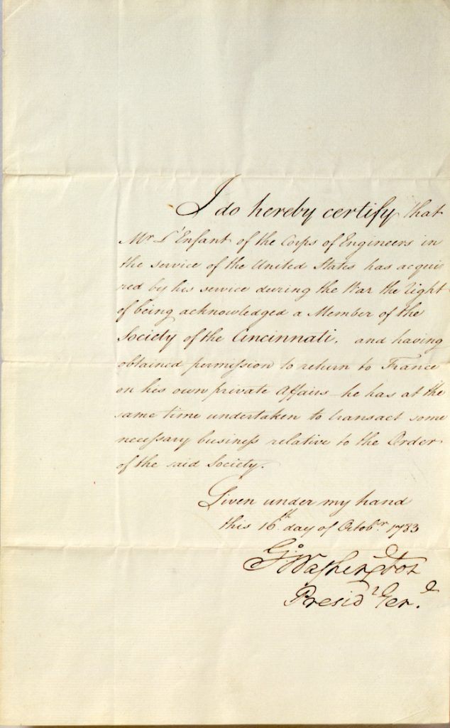 Certification of Pierre-Charles L’Enfant’s membership in the Society of the Cincinnati, George Washington, October 16, 1783