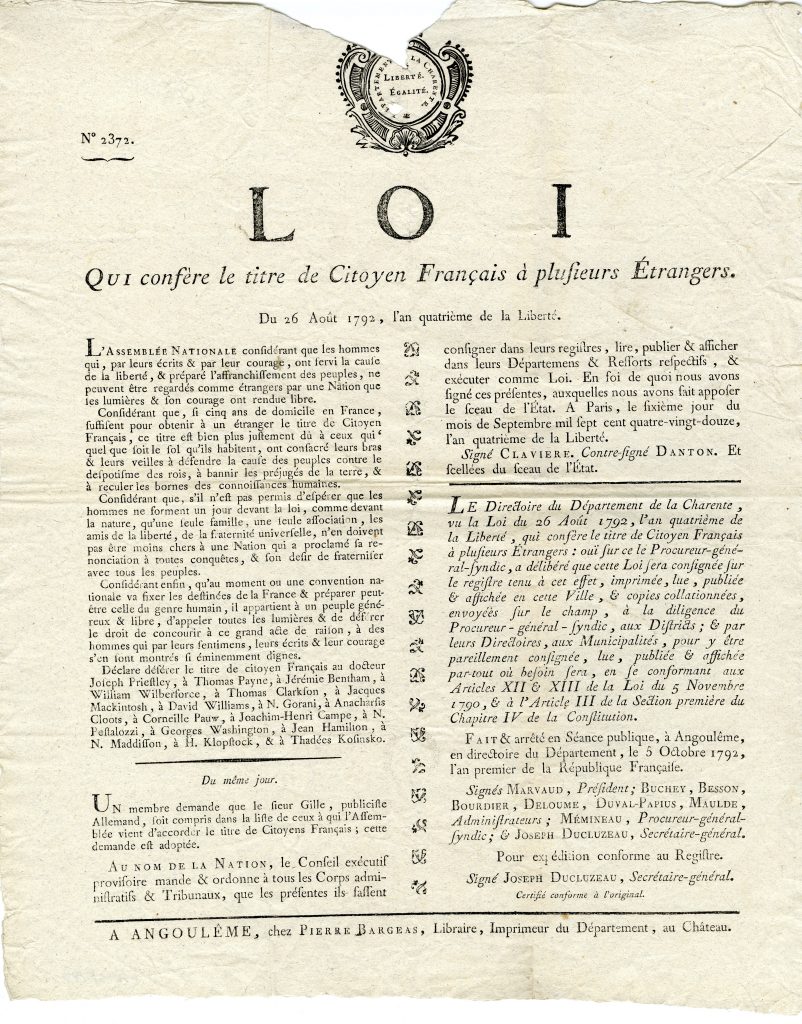 Loi qui Confère le Titre de Citoyen Français à Plusieurs Étrangers: du 26 Août 1792, l’An Quatrième de la Liberté, Assemblée Nationale Législative, Angoulême: Chez Pierre Bargeas, Libraire, imprimeur du département, [1792]