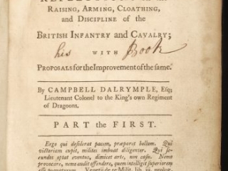 Click for a larger view. <em>A Military Essay Containing Reflections on the Raising, Arming, Cloathing, and Discipline of the British Infantry and Cavalry</em> by Campbell Dalrymple, 1761