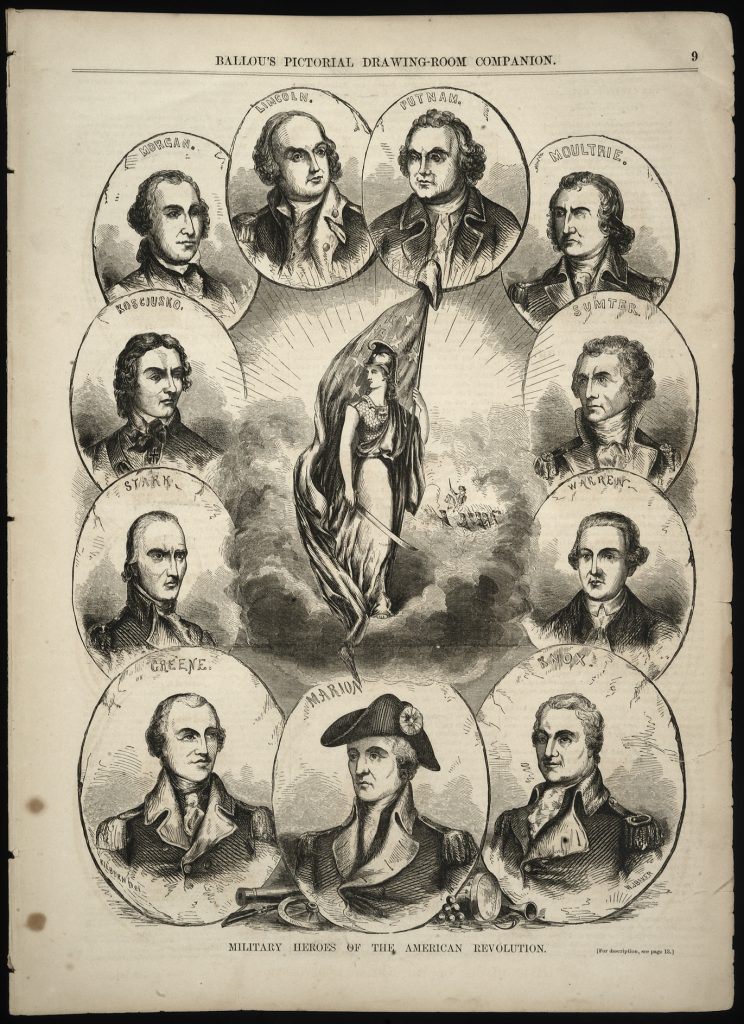 “Military Heroes of the American Revolution,” William J. Baker, engraver; after Lawrence Kilburn, artist, Ballou’s Pictorial Drawing-Room Companion, ca. 1850