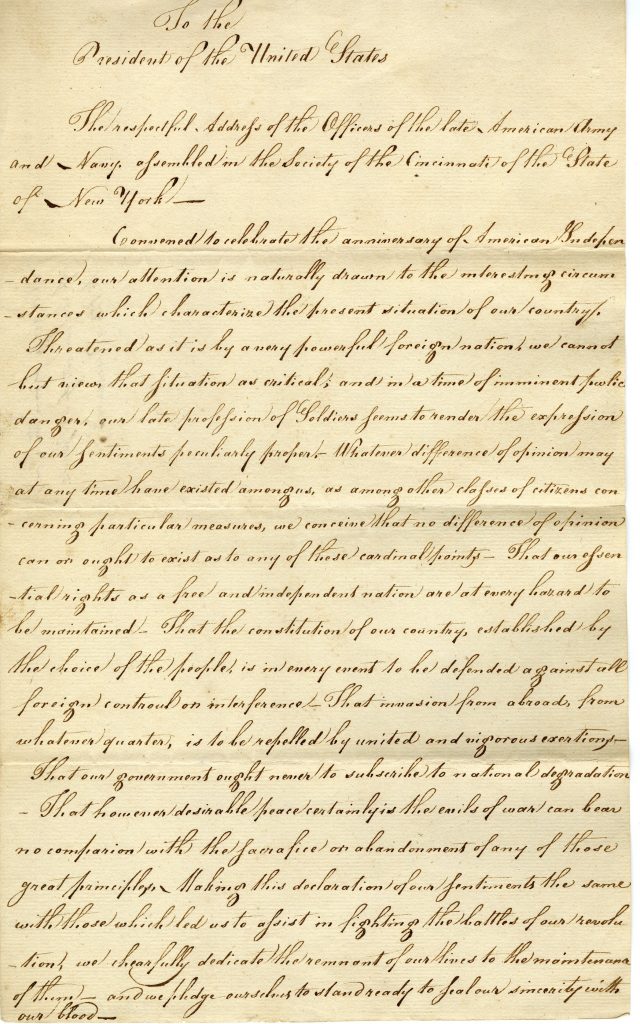 “To the President of the United States: The respectful Address of the Officers of the late American Army and Navy assembled in the Society of the Cincinnati of the State of New York,” New York State Society of the Cincinnati, 1812