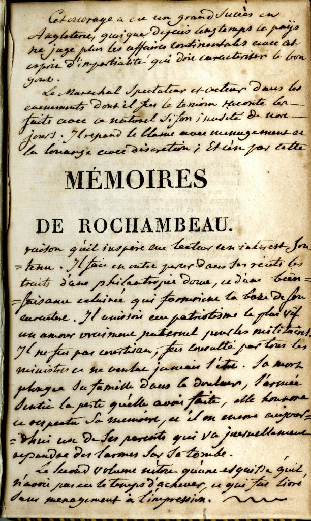 Mémoires Militaires, Historiques et Politiques de Rochambeau, Jean-Baptiste-Donatien de Vimeur, comte de Rochambeau, Edited by J.-Charles-J. Luce de Lancival, 2 volumes, Paris: Chez Fain, 1809