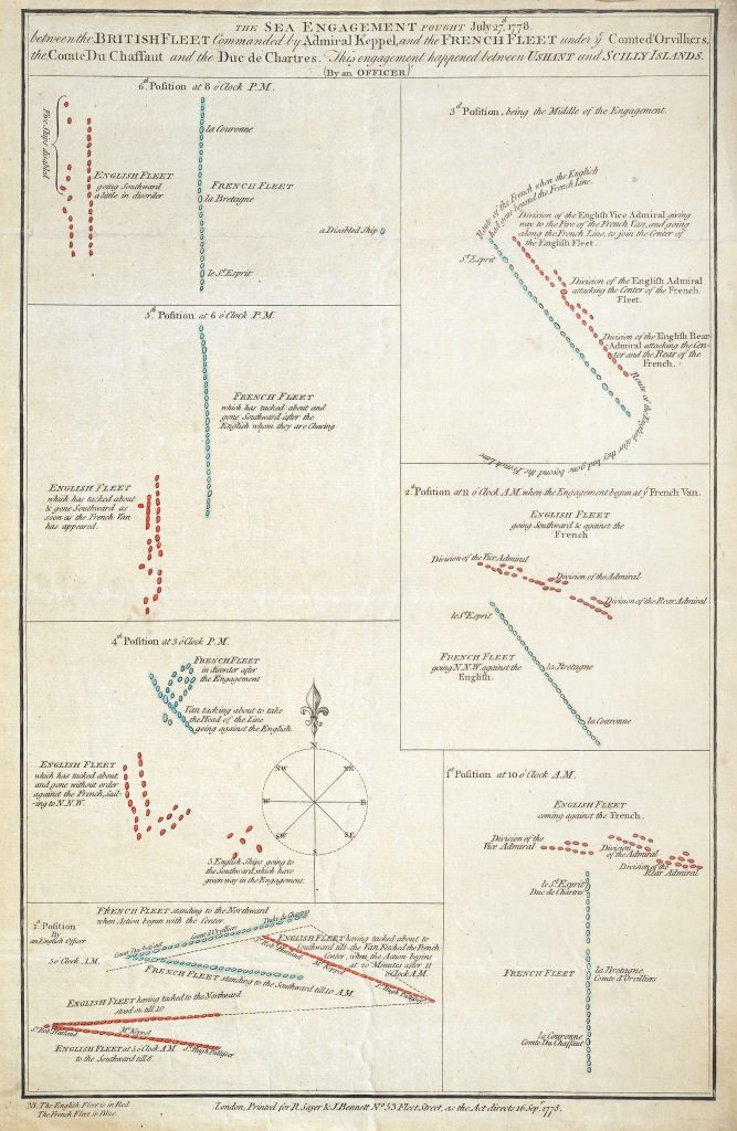 The Sea Engagement Fought July 27th, 1778, between the British Fleet Commanded by Admiral Keppel, and the French Fleet under ye Comte d’Orvilliers, the Comte DuChaffaut and the Duc de Chartres, “By an Officer,” London: Printed for R. Sayer & J. Bennett, September 16, 1778