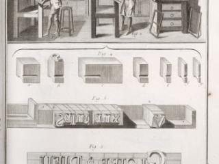 Click for a larger view. <em>Imprimerie en Lettres, L’Operation de la Casse</em> in Diderot’s <em>Encyclopédie</em>, 1769