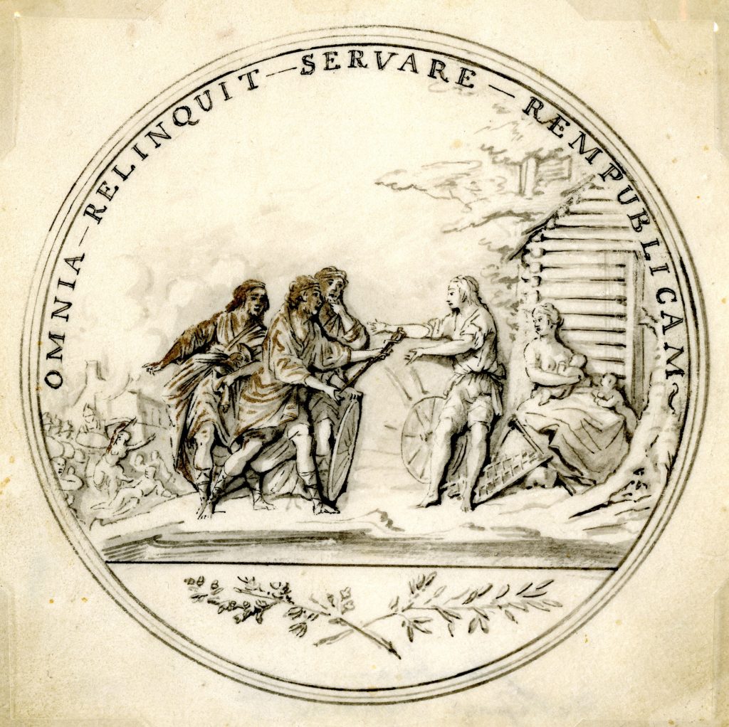 Sepia-toned drawing of figures in front of a log cabin with a Latin motto above
