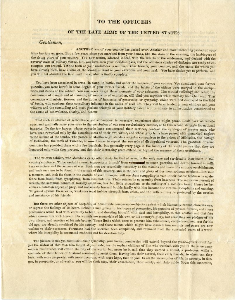 To the Officers of the Late Army of the United States, Belisarian Association, Philadelphia, June 15, 1815