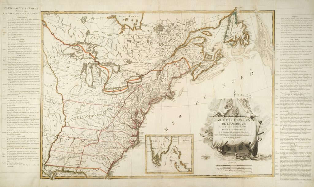 The first French map of the United States was published in 1784 with a chronology of the war in columns on either side of the map.
