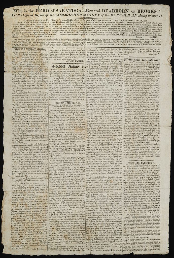 Who Is the Hero of Saratoga….General Dearborn or Brooks? Let the Official Report of the Commander in Chief of the Republican Army Answer!! [Boston: Printed by Adams & Rhoades, 1817]