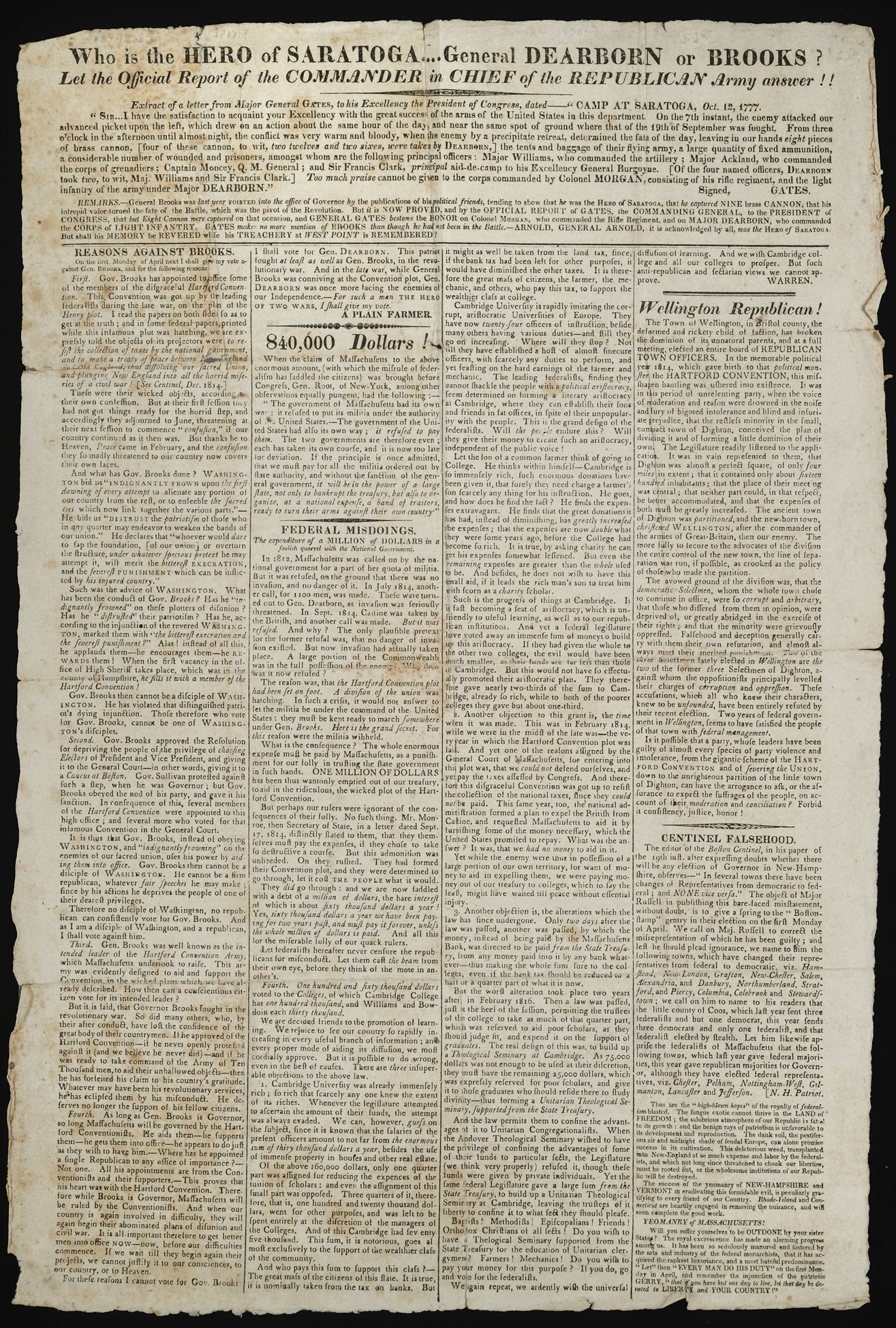 Who Is the Hero of Saratoga….General Dearborn or Brooks? Let the Official Report of the Commander in Chief of the Republican Army Answer!! [Boston: Printed by Adams & Rhoades, 1817]