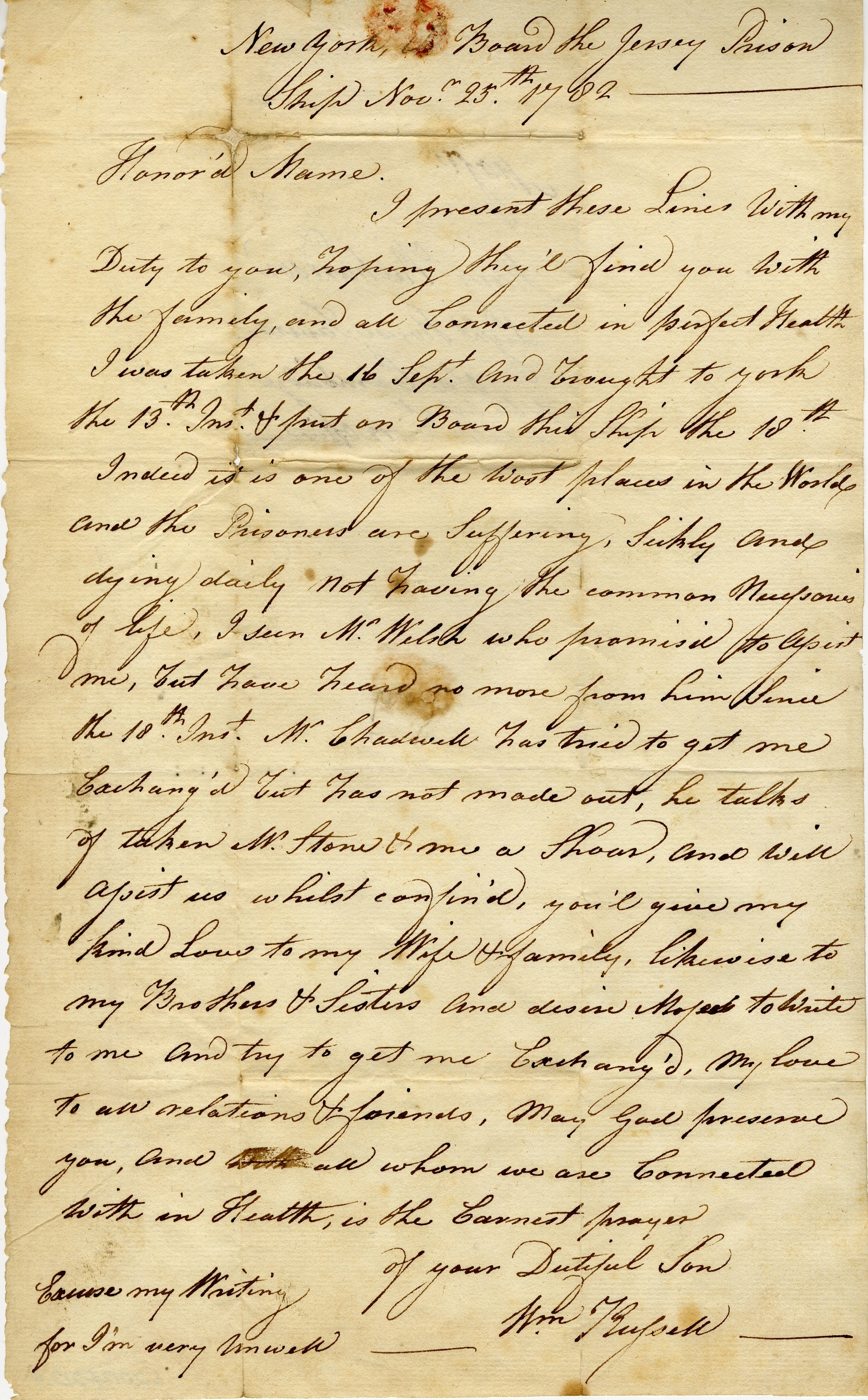 William Russell to Mary Richardson “On Board the Jersey Prison Ship,” November 25, 1782