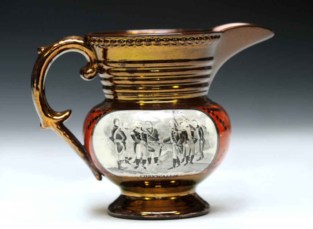 Pitcher with scenes of Cornwallis surrendering at Yorktown and of Lafayette, ca. 1824