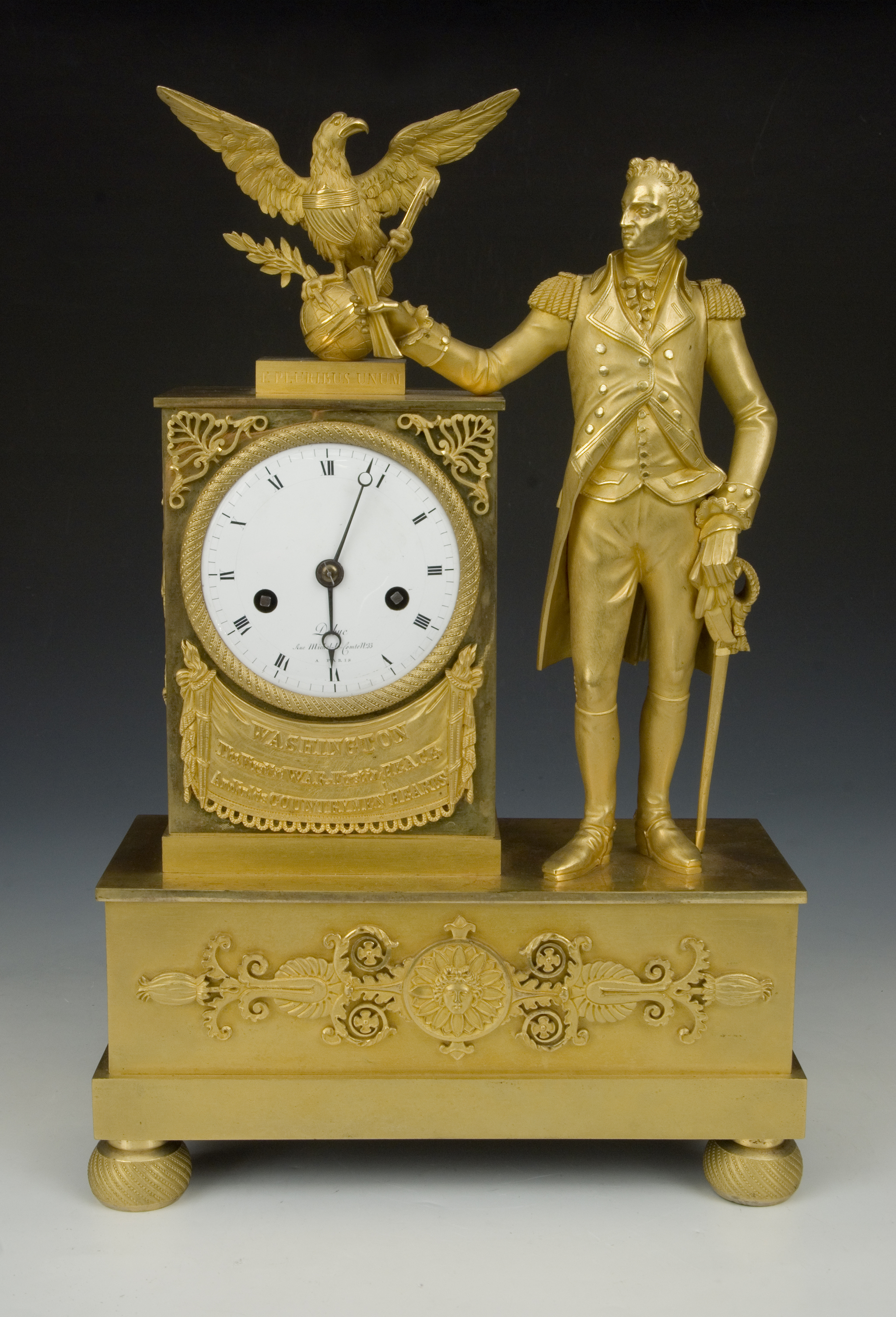 George Washington mantel clock by DuBuc, ca. 1800-1810