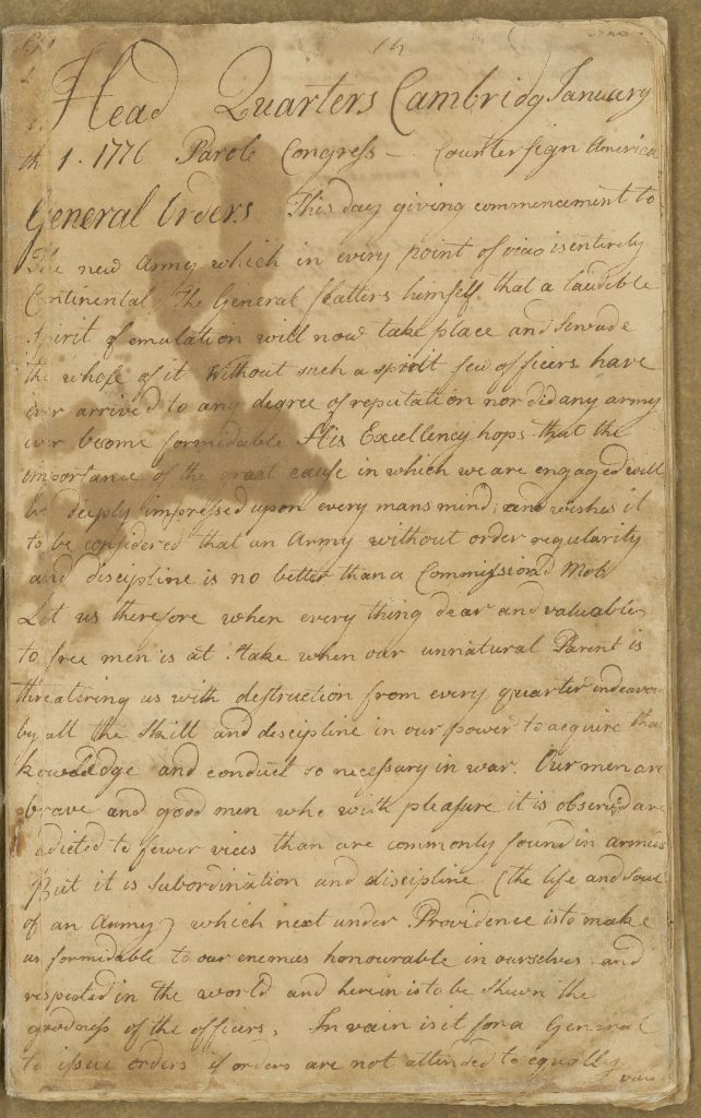 Orderly Book of the Continental Army Artillery Regiment kept by Gershom Foster, January 1 – February 24, 1776
