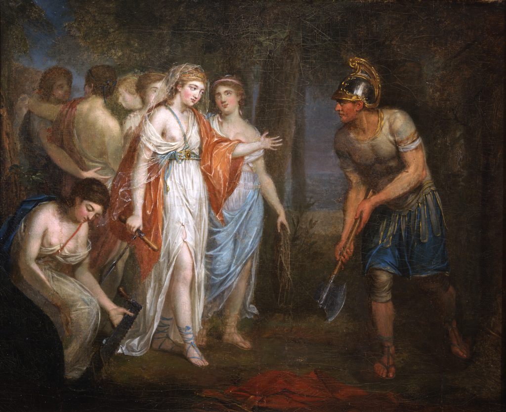 One of the painted images of Cincinnatus depicted at his farm holding an ax next to a group of women in classical dress