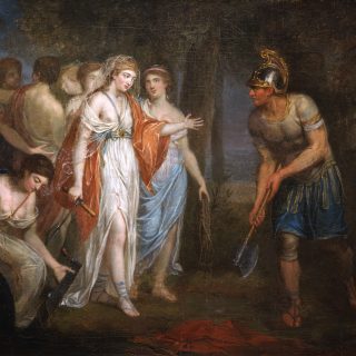 Oil painting of Cincinnatus holding an ax next to a group of women in classical attire, one of our masterpieces in detail
