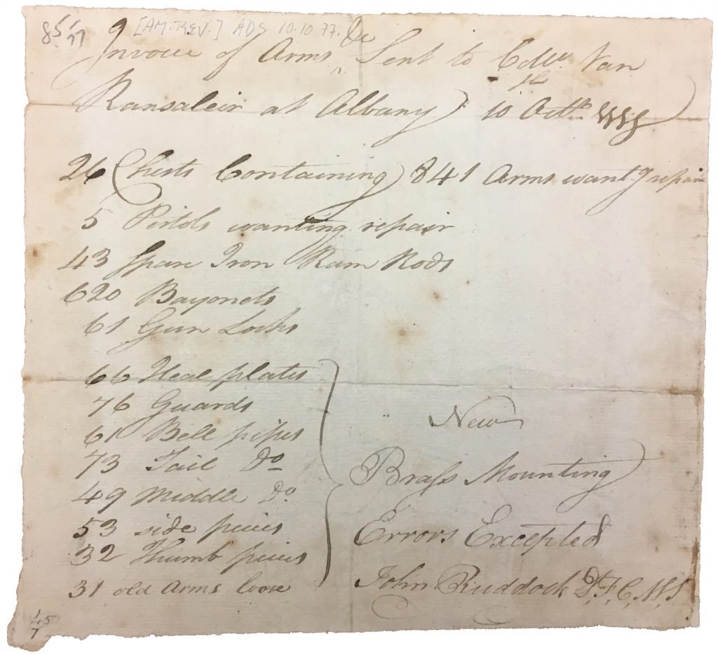 John Ruddock invoice of arms, October 10 1777