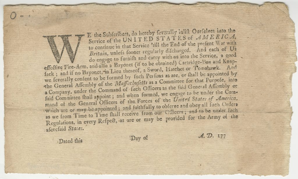 Massachusetts Continental Line enlistment document, ca. 1775-1777