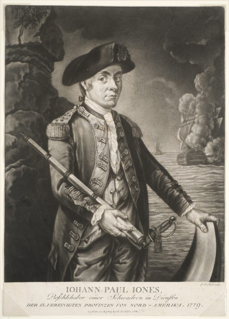 Johann Paul Jones. Befehlshaber einer Schwadron in Diensten Der 13. Verinigten Provinzen von Nord-Amerika. 1779. Engraved by Johann Elias Haid (Augsburg: J.J. Haid & Son., ca. 1780).