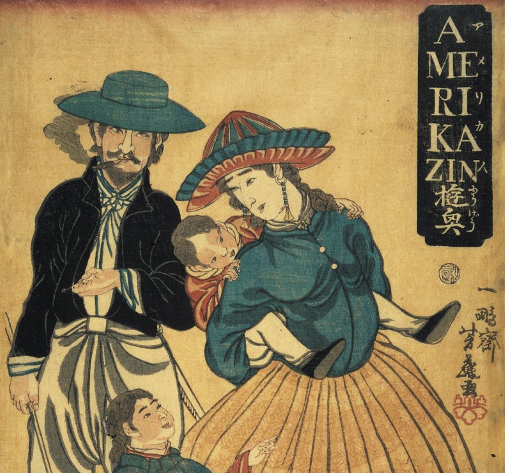 This Japanese woodblock image of Americans, created just a few years after Emerson wrote about the shot heard round the world, reflects Japanese interest in America and its strange ideals.