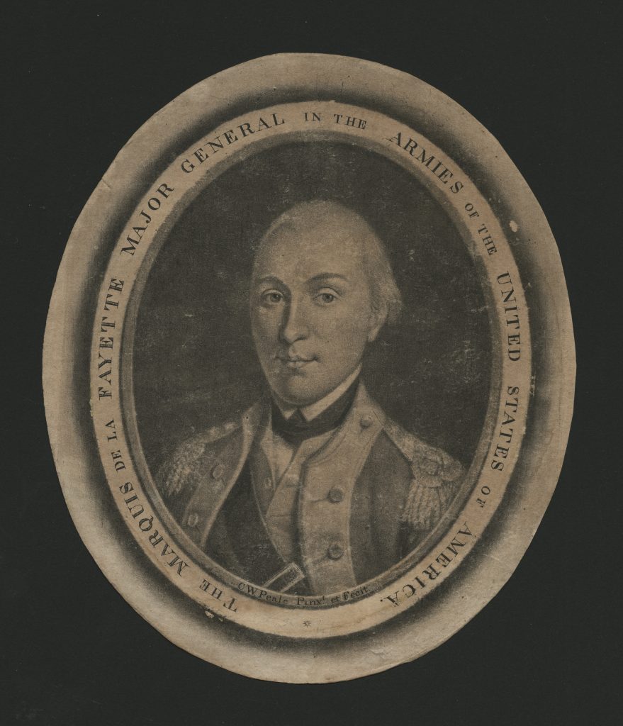 Mezzotint engraving of the marquis de Lafayette by Peale, 1787