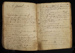 Handwritten Revolutionary War journal of James Melvin open to two pages
