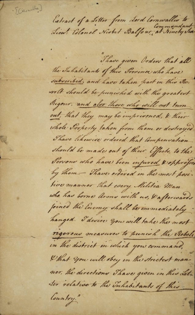 Extract of a letter from Lord Cornwallis to Lieut. Colonel Nisbet Balfour, Commandant at Ninety-Six, Charles Cornwallis, First Marquis Cornwallis, 1780