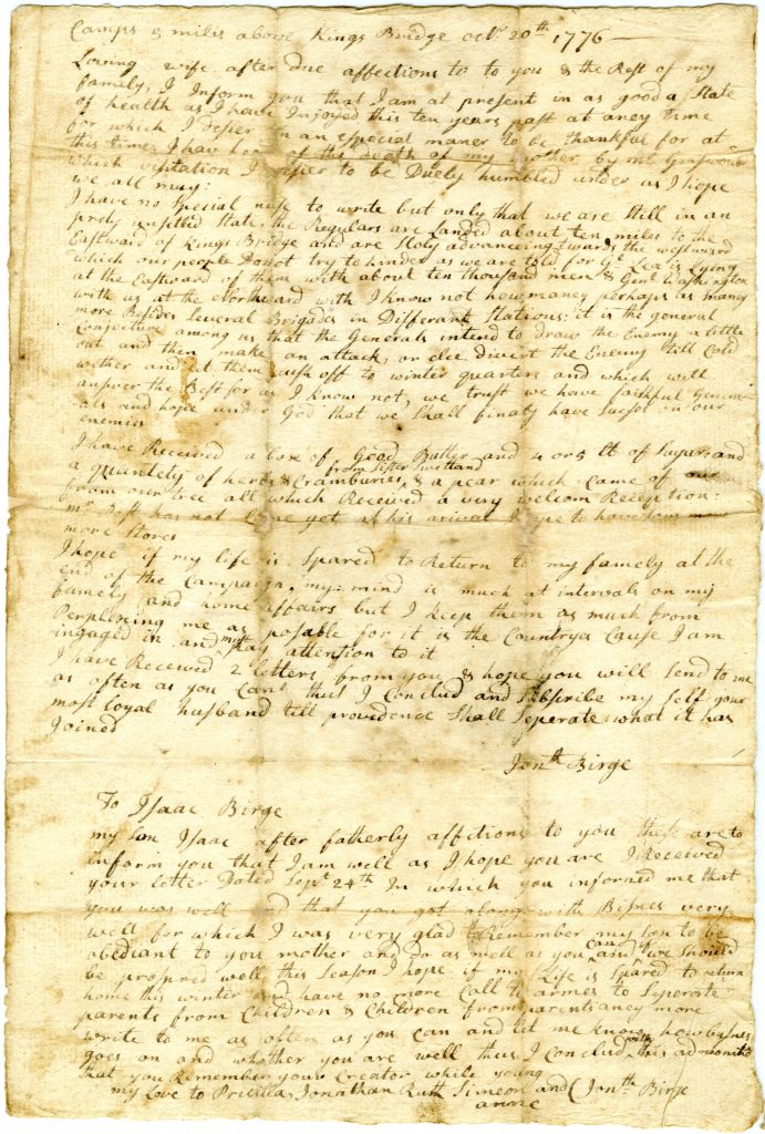 Jonathan Birge to Priscilla Birge, October 20, 1776