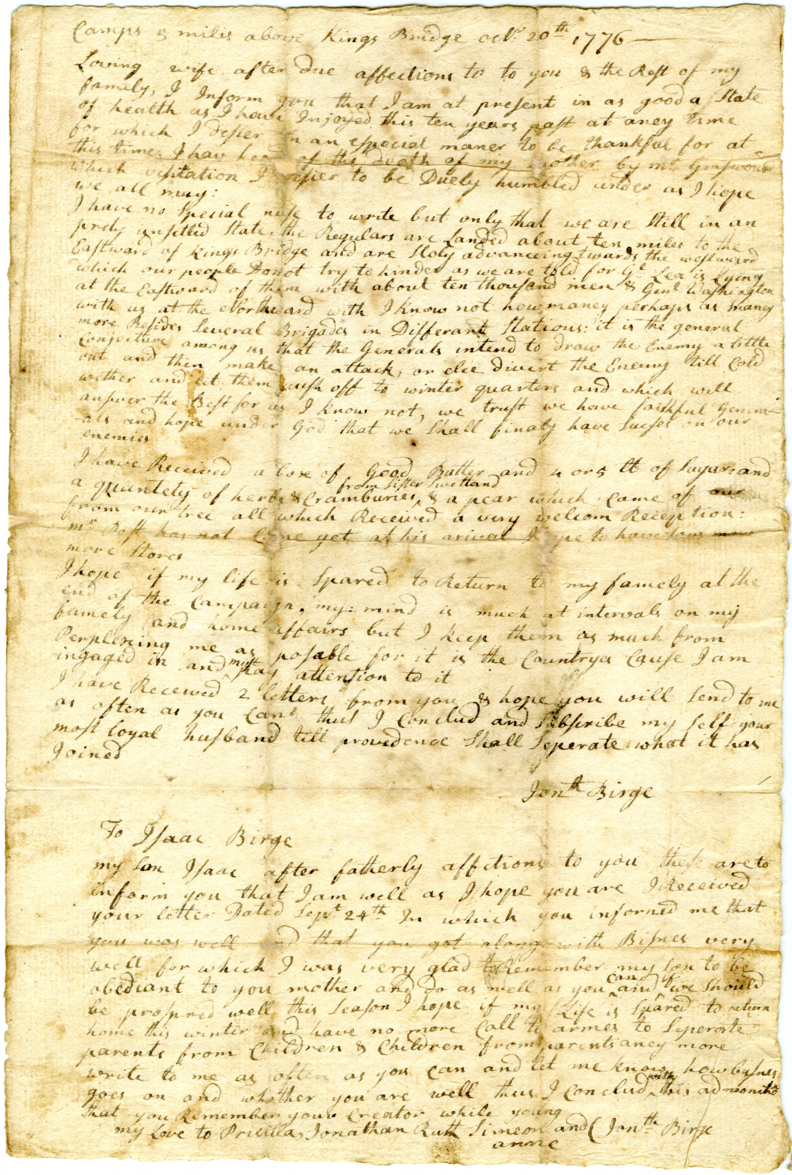 Jonathan Birge to Priscilla Birge, October 20, 1776