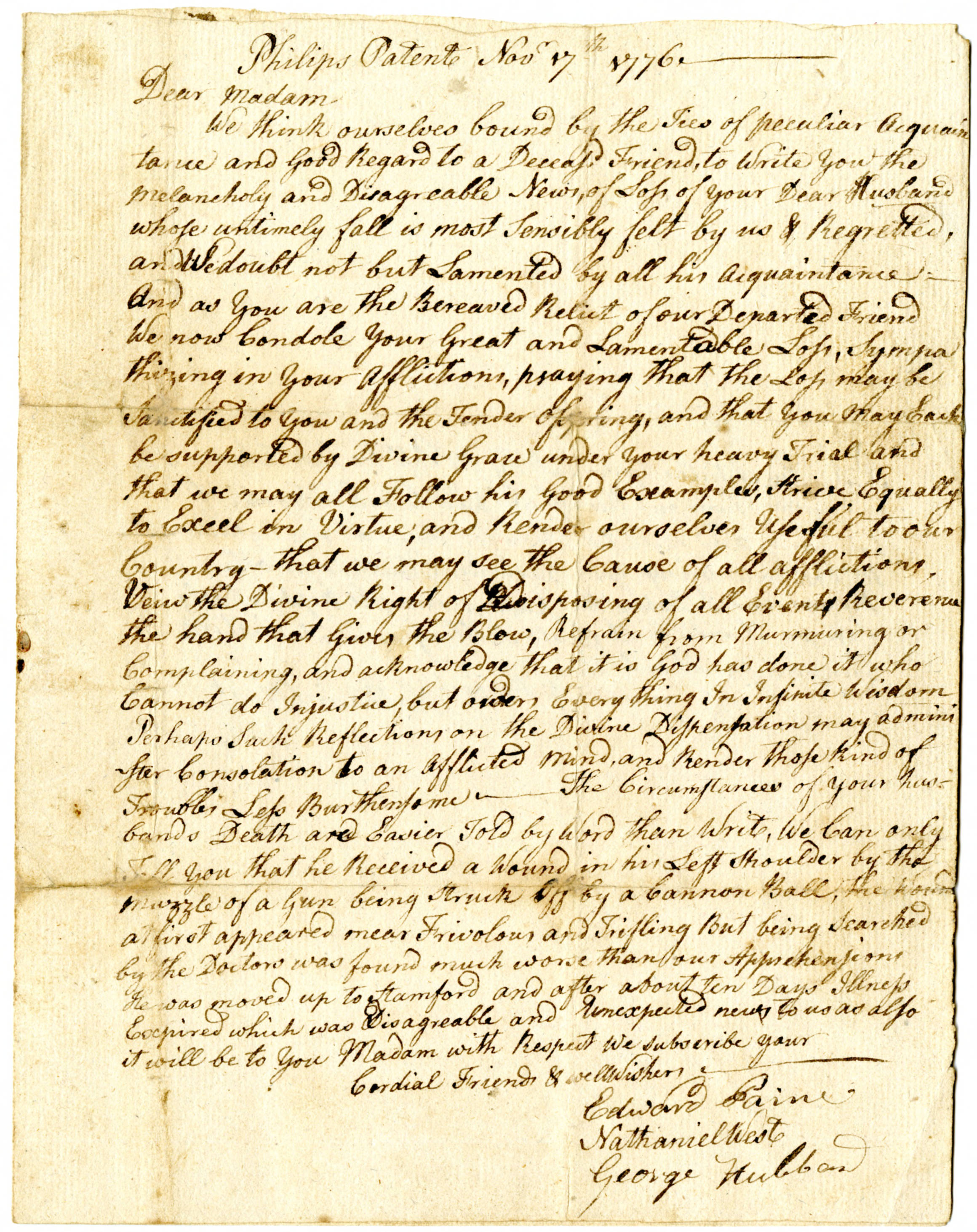 Edward Paine, Nathaniel West and George Hubbard to Priscilla Birge, November 17, 1776