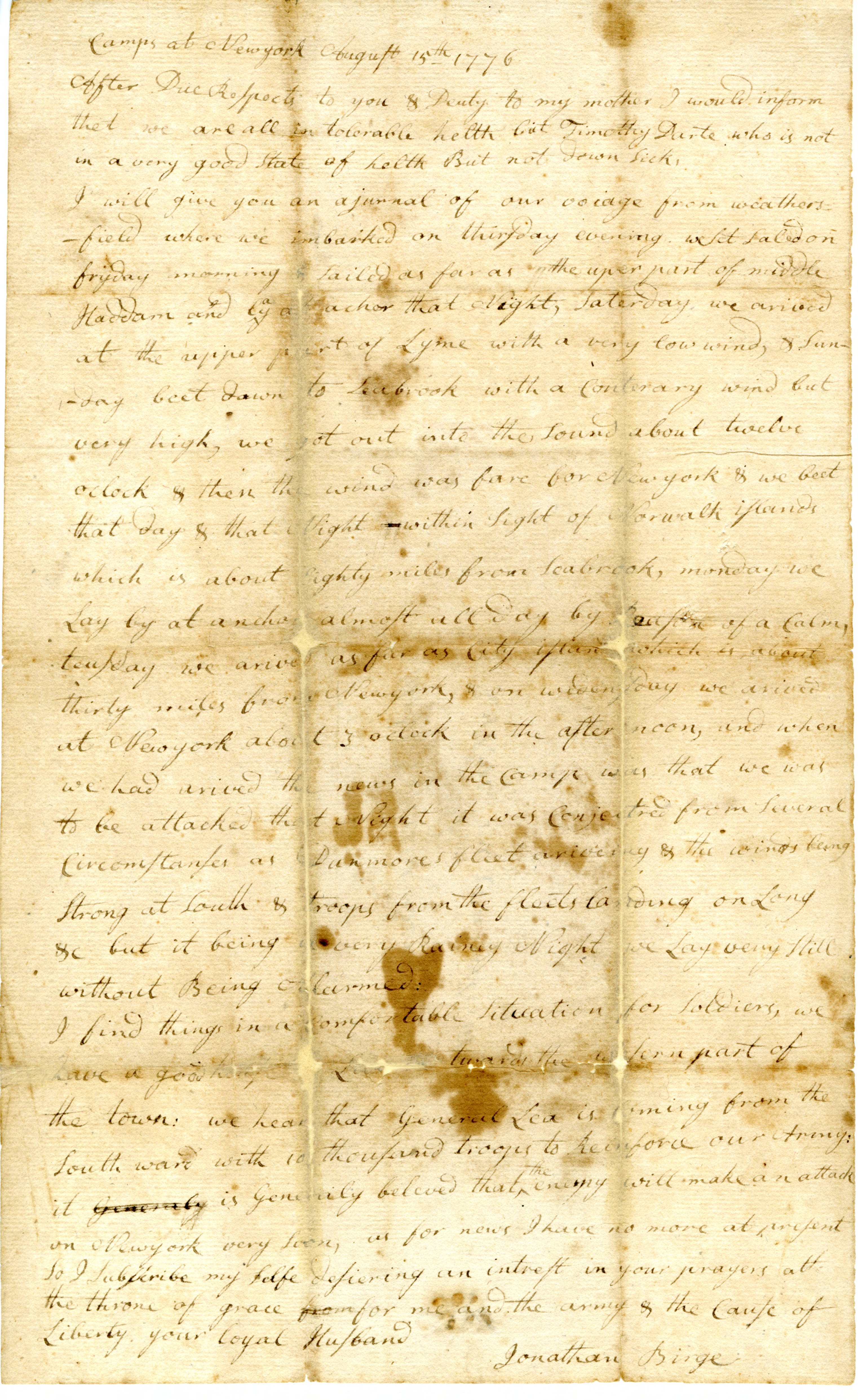 Jonathan Birge to Priscilla Birge, August 15, 1776