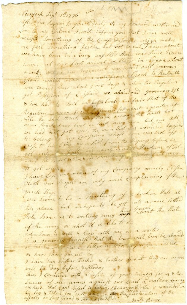 Jonathan Birge to Priscilla Birge, September 1, 1776