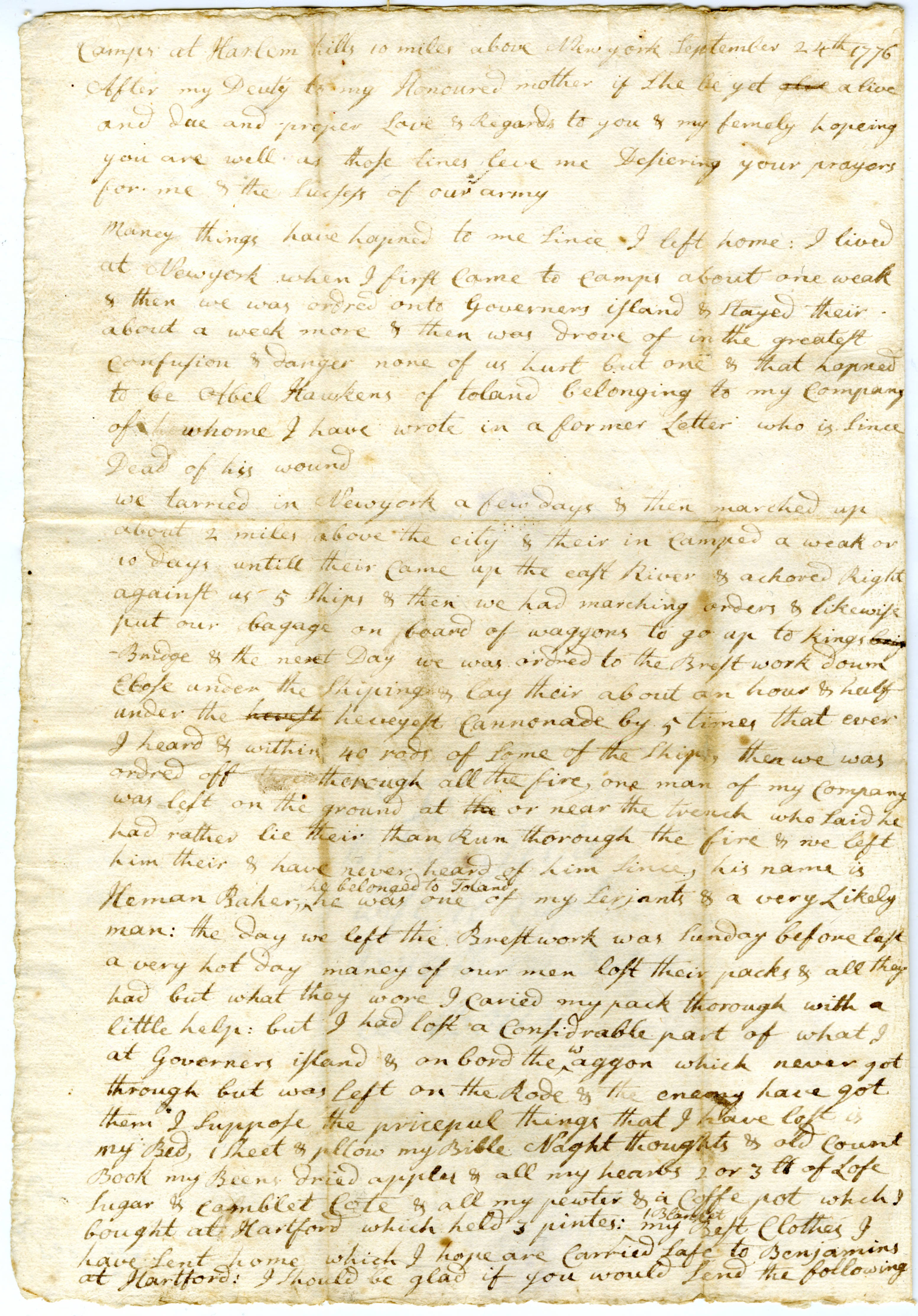 Jonathan Birge to Priscilla Birge, September 24, 1776