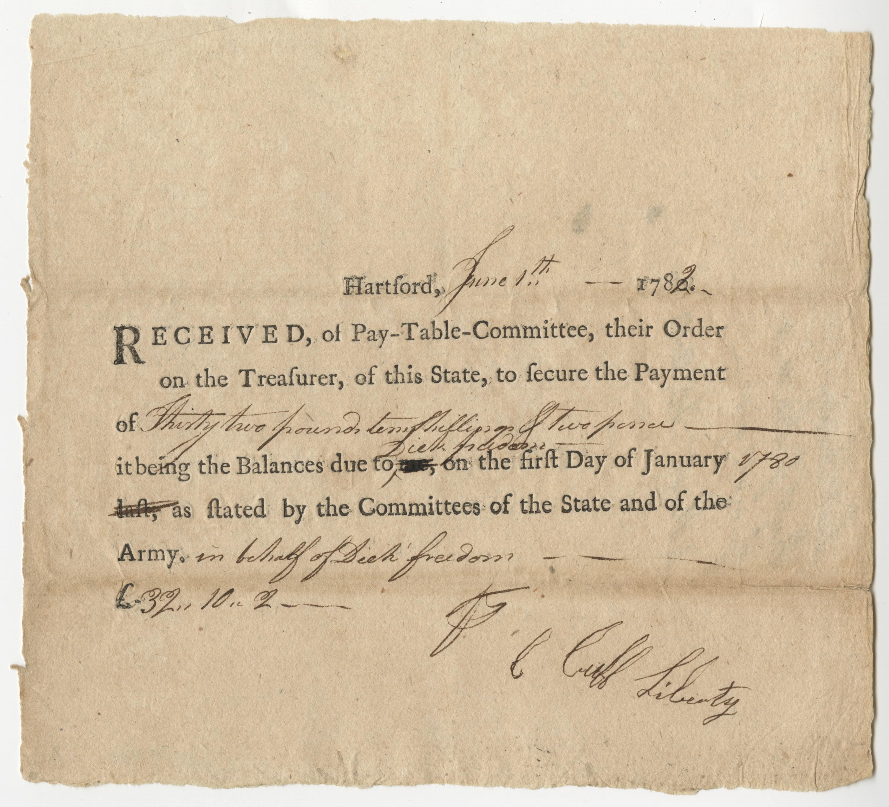 Receipt of Pay-Table-Committee, June 7, 1782