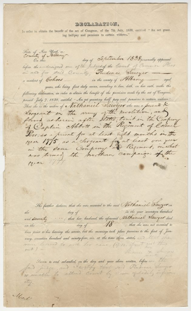 Declaration of Prudence Sawyer, 1838