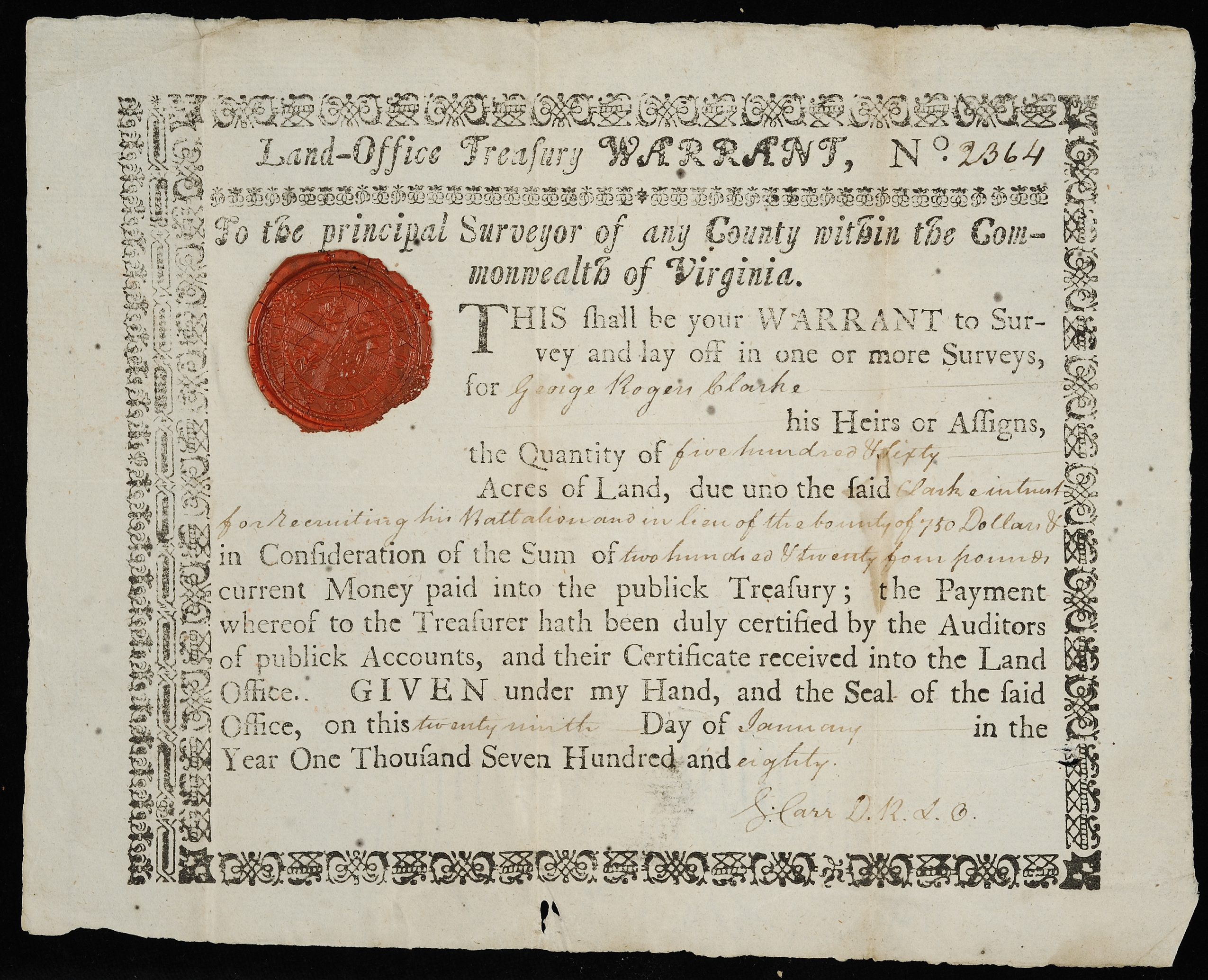 George Rogers Clark land warrant, 1780