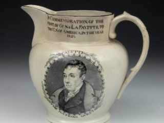 Click for a larger view. Jug commemorating the marquis de Lafayette's tour by Richard Hall & Son, Staffordshire, England